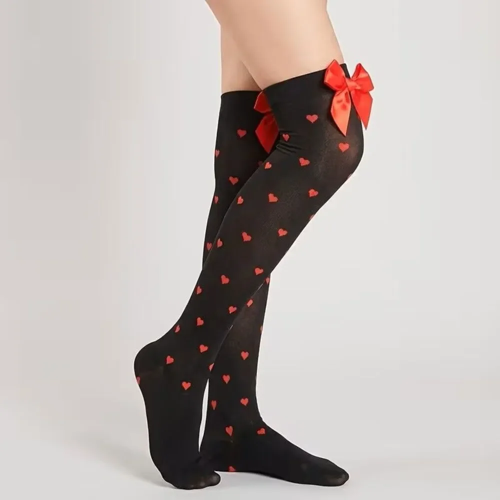 Women's White with Red Hearts & Bow Thigh High Stockings NEW Cosplay Cute Sexy